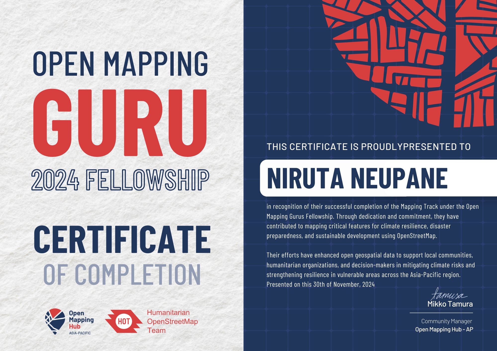 Open Mapping Guru 2024 Fellowship certificate