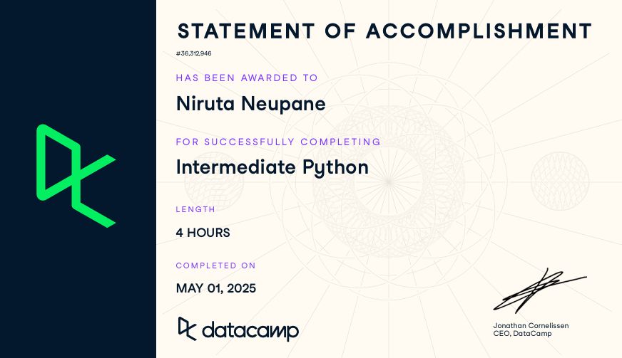 DataCamp Intermediate Python certificate