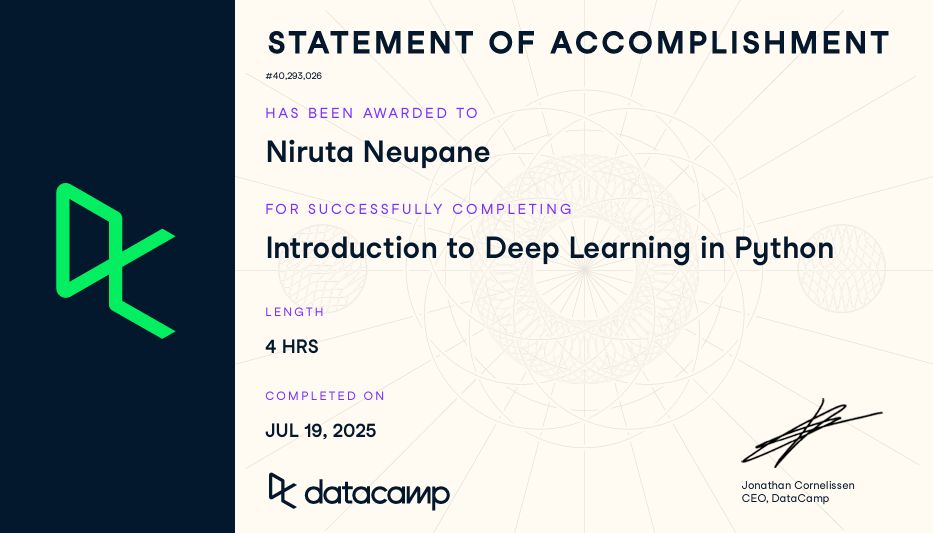 DataCamp Introduction to Deep Learning in Python certificate