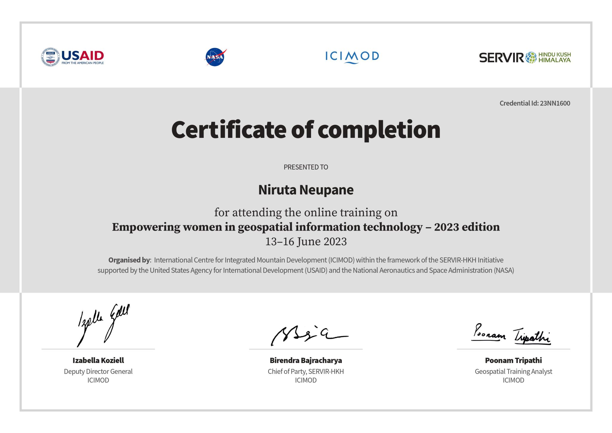SERVIR Empowering Women in Geospatial Information Technology certificate