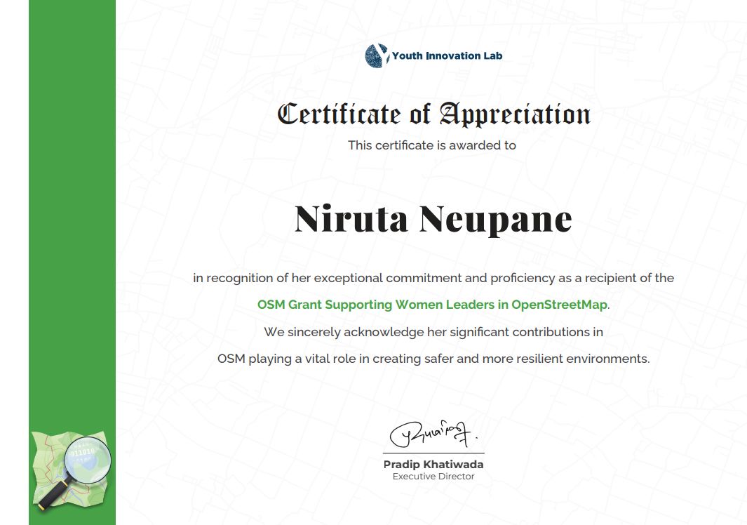OSM Grant Supporting Women Leaders in OpenStreetMap certificate