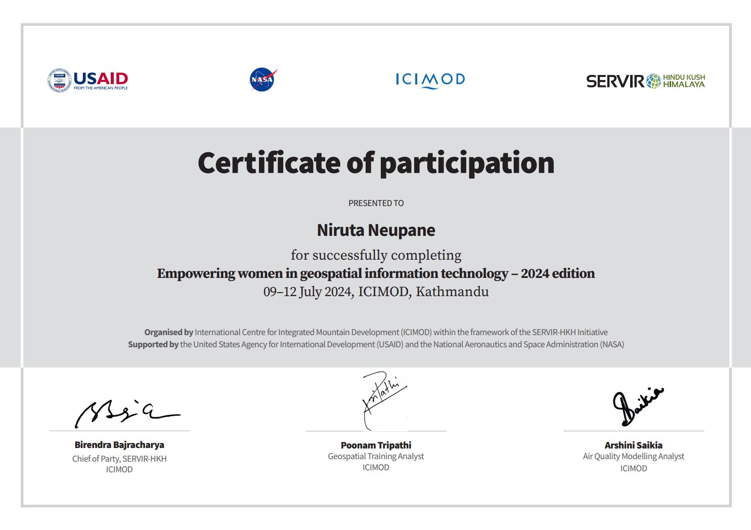 ICIMOD Empowering Women in Geospatial Information Technology certificate